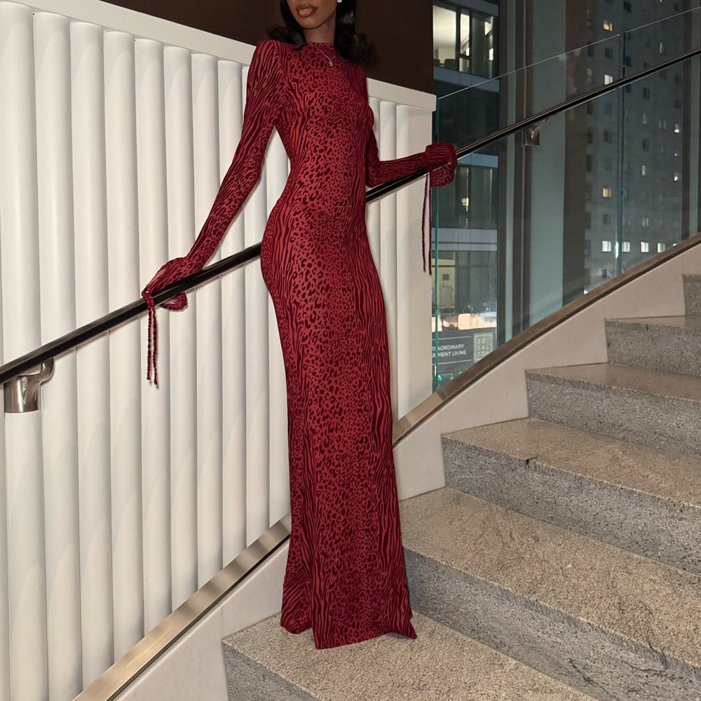 Miss Circle, red maxi dress